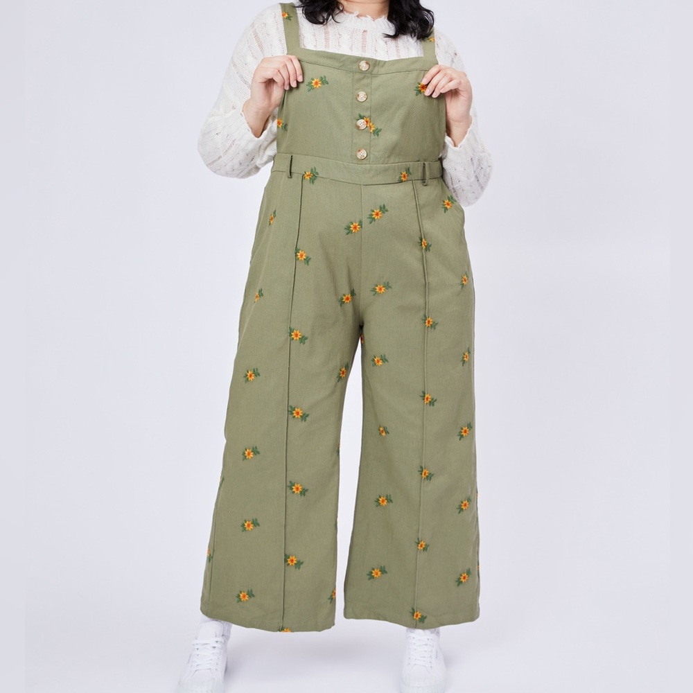 Cider Green Embroidered Floral Overalls